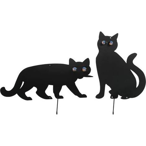 Ensemble de deux épouvantails en forme de chat pour repousser les oiseaux – Noir, 37x24 cm – Métal peint – Yeux en verre – pour éloigner les visiteurs indésirables. (1/5)