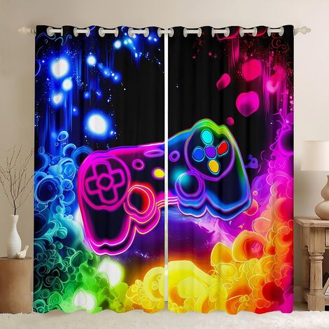 Rideau Occultant 140x260 cm Garçons Cartoon Gamer, Rideau Gamepad de Jeu, Rideaux Voilage Console de Jeu Neon, Voilage Fenetre Galaxy Starry pour Chambre Salon - 140L X 260H cm (2 Panneaux) (1/5)