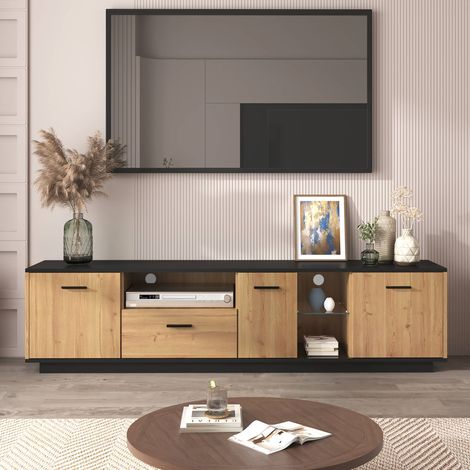 Meuble TV LED 180 cm, meuble bas de salon, 3 portes et 1 tiroir, étagère en verre, pour TV 70-79 pouces, noir et bois (1/5)