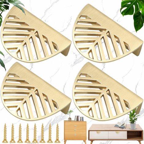4 boutons de meuble dorés forme feuille en laiton avec vis pour portes d’armoires