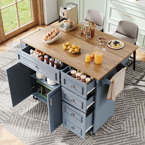 Îlot de cuisine - 110 x 45-75 x 92 cm - Plateau pliable - Séparateurs réglables - Bleu