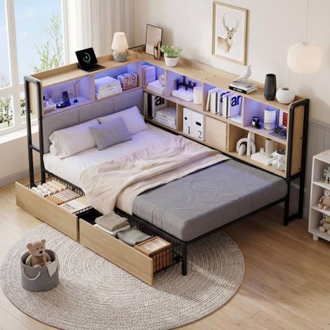lit enfant rangement LED 90x200 métal MDF naturel OKMYHOME (1/3)