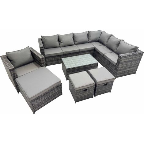 Fimous Patio Sofa Oblong Coffee Table Set Rattan Garden Furniture Set with 3 Stools Chair Dark Grey Mixed (1/5)