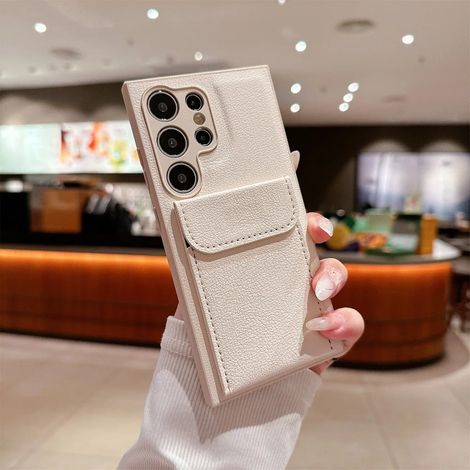 (Blanc, Galaxy S23) Étui de téléphone portefeuille en cuir uni avec fente pour carte, support et fonction antichoc.