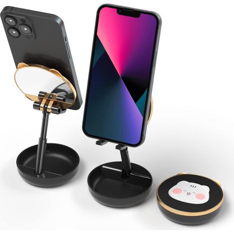 Phone Holder with Mirror, Retractable and Adjustable Phone Desk Holder, Multi-Angle/Height-Adjustable and Stable Mobile Phone Holders Black (1/5)