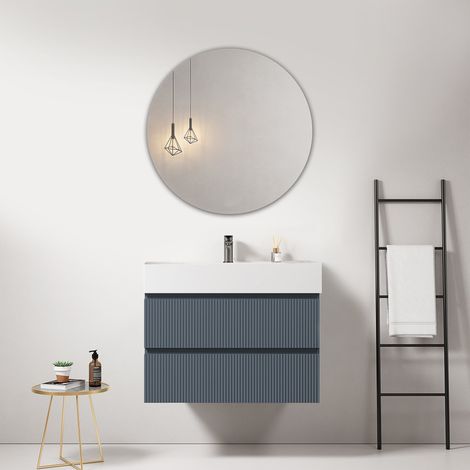 Mobile bagno sospeso cannettato 80 cm Blu Mare Lavabo in Resina Specchio Tondo - Fiji Paint (1/4)