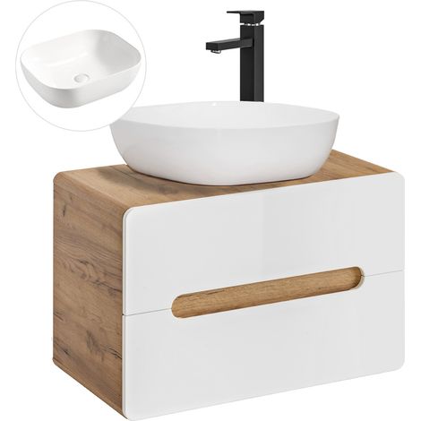 Waschtischunterschrank 80 cm mit 51 cm Aufsatzbecken LUTON-56 Hochglanz weiß mit Wotan Eiche Nb., B/H/T ca. 80/68/46 cm