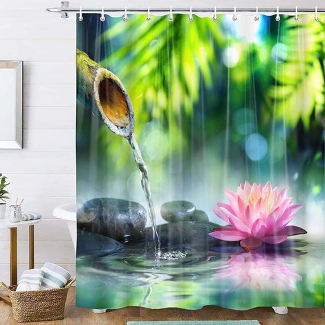Rideau de Douche Anti Moisissure Galet Zen Imprimé Rideau Douche Tissu Imperméable Polyester 120 x 200 cm 3D Orchidee Bambou Rideaux de Douche Baignoire Lavable Machine Vert Rose (1/5)
