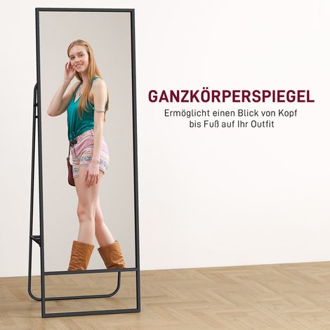 Miroir sur pied design industriel avec étagère arrière et 2 crochets, cadre métallique noir pour chambre, 157 x 50 cm (1/4)