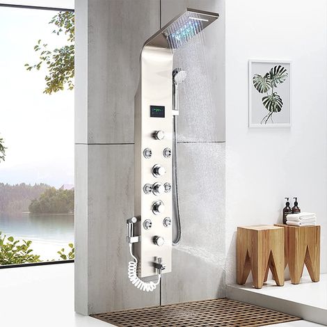 Suguword – Colonne de douche hydromassante 6 jets – Panneau en acier inoxydable 304 – Écran LED pour température – Installation murale facile