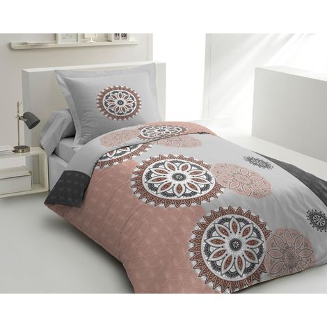 Parure de Couette 2 Pièces 100% Coton 57 Fils 1 Personne 140x200 cm Yucatan Gris et Vieux Rose (1/4)