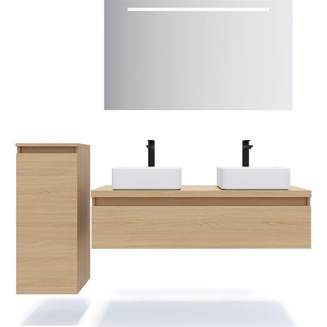 Meuble de salle de bain suspendu 2 vasques à poser 120cm 1 tiroir Chêne clair + miroir + colonne ouverture gauche - Hudson (1/5)