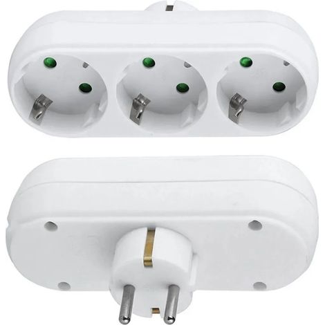 Zwei europäische Standard-3-polige Steckeradapter und ein runder 3-poliger Mehrfachsteckdosenverteilerstecker.