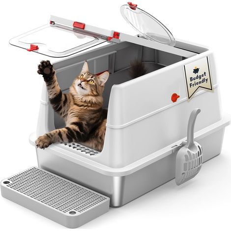 Cat Litter Tray XXL Stainless Steel 304 with Lid, Grey (1/5)