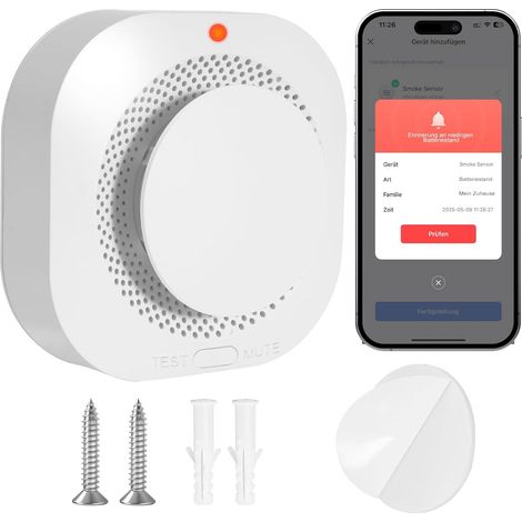 Détecteur de fumée intelligent, détecteur de fumée sans fil, alarme incendie avec WLAN, application prise en charge, détecteur de fumée avec support adhésif et vis (1/5)