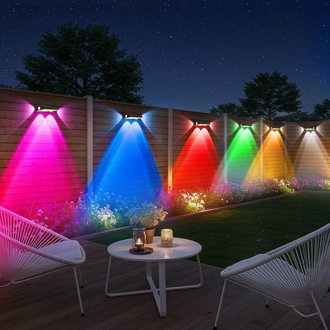 Applique Murale Extérieur Solaire, Lampe Solaire Exterieur Murale RGBCW 3 Voies avec 8 Modes de Couleur et Blanc Chaud, Étanche IP65, Lumiere Exterieur Murale pour Cour Jardin Clôture, Lot de 6 (1/5)