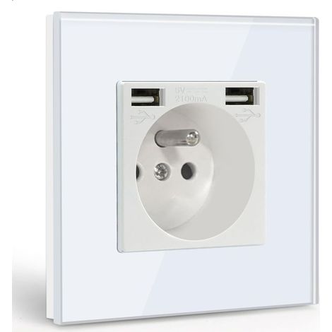 Prise Murale avec 2 Ports USB,16A Prise de Courant Alternatif avec Panneau en Verre,Multiprise Murale Max 2.1A,Convient au Smartphone, à la Tablette (1 Prise avec 2 Ports USB,Blanc) (1/5)