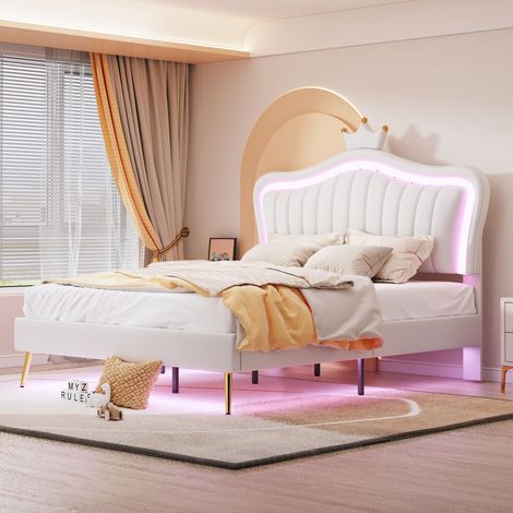 Lit enfant capitonné blanc cuir PU 140x200 cm LED sommier à lattes tête de lit