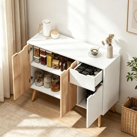 Credenza in stile scandinavo bianco e rovere chiaro con cassetto e ante, 90 x 30 x 72 cm (1/5)