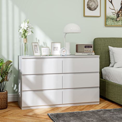 Homcom – Commode blanche 120x39x75cm – 6 tiroirs avec rails métalliques – Système de fermeture amortie – Design sans poignée