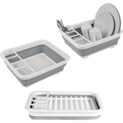 QORVA-Égouttoir à vaisselle pliable avec porte-ustensile - parfait pour les propriétaires ou le camping, résistant à la déchirure, conception peu encombrante, pieds antidérapants, Gris (1/5)