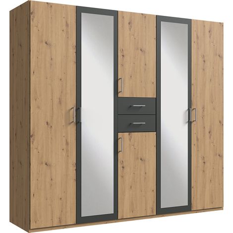 Armoire Placard, meuble de rangement avec 2 miroirs coloris Imitation chêne artisan, rechampis graphite - Longueur 225 x Hauteur 208 x Profondeur 58 cm (1/3)