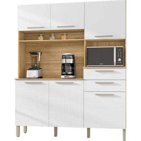 Beaux Meubles Pas Chers – Buffet de cuisine 6 portes 2 tiroirs imitation chêne et blanc – Dimensions L 160.7 x H 196 x P 38.8 cm – Bois certifié FSC – 6 pieds réglables