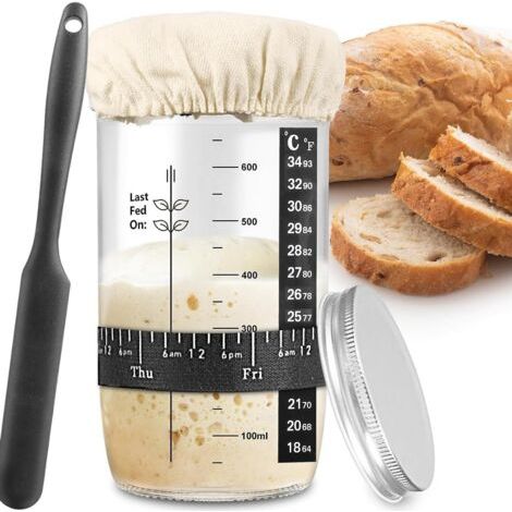 Bocal de démarrage pour levain 730 ml, kit de démarrage en verre avec ruban d'alimentation datte, thermomètre, couvercle, spatule en silicone, accessoire de cuisson réutilisable (1/4)