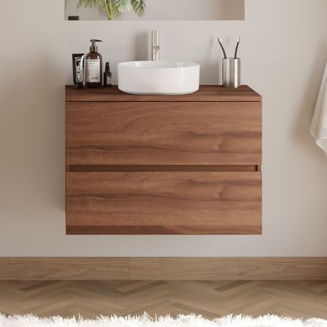 Meuble de salle de bain 70cm avec plateau et vasque à poser ronde - 2 tiroirs - sans miroir - noyer (bois foncé) - IDA (1/5)
