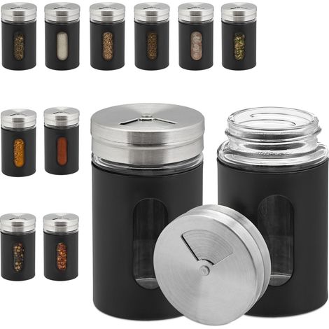 Relaxdays spice jars, set of 12, 3 shaker functions, herbs & spices, glass jars, stainless steel, black/silver