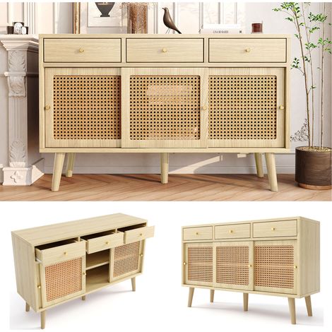 Buffet, en bois massif, bois et métal, 3 portes, 3 tiroirs, avec étagères, chêne, 120 x 40 x 78 cm, pour maison et usage quotidien
