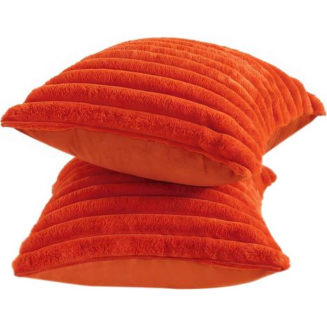Lot de 2 Housses de Coussin en Peluche Douce 35x35cm, Housse Decorative a Rayures Moelleuses pour Canape et Chambre, Caramel (Sans Rembourrage) (1/5)