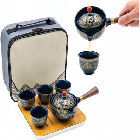 Juego de té chino de porcelana Gongfu, tetera portátil con infusor giratorio de 360°, bolsa de regalo todo en uno para viajes, regalos, hogar, actividades al aire libre y oficina (azul floral). (1/5)