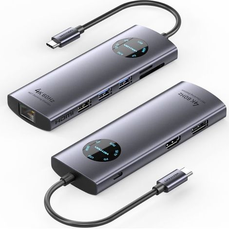Docking USB Tipo-C Vention TQUHB/ 1xHDMI 4K/ 1xDisplayPort/ 3xUSB/ 1xRJ45/ 1xUSB Tipo-C PD/ 1xLector Tarjetas/ Gris