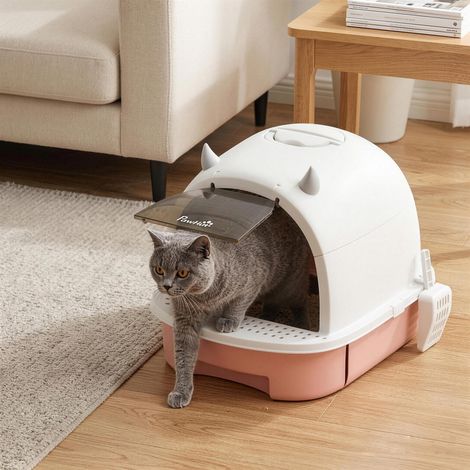 Bac à litière fermé pour chat avec plateau amovible, pelle et filtre à charbon actif, rose (1/5)