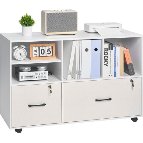 Classeur Dossier Mobile en Bois, Meuble de Rangement de Bureau à 2 Tiroirs avec Étagères Ouvertes et Réglables, Verrouillable, Support d'Imprimante Autonome pour Maison Bureau École, Blanc (1/5)