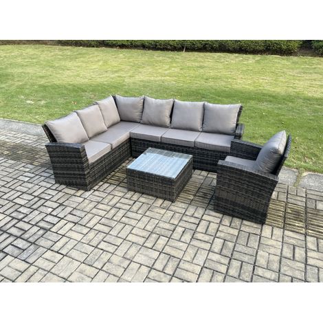 Fimous 7 places Ensemble salon de jardin Ensemble canapé d'angle en rotin avec Table basse carrée  Fauteuils Gris foncé mélangé (1/5)