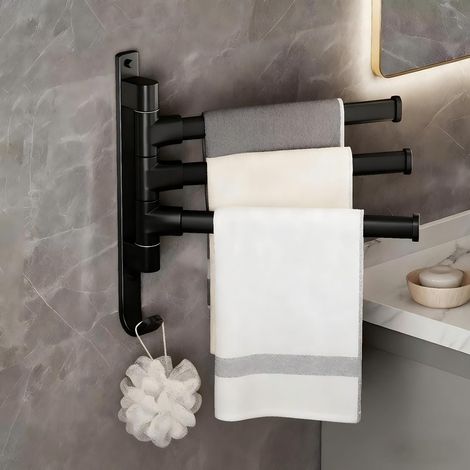 Porte-Serviette Salle de Bain 180° Rotatif - Support Mural 3 Barres Aluminium pour Petits Espaces, Cuisine et Salle de Bain - Noir