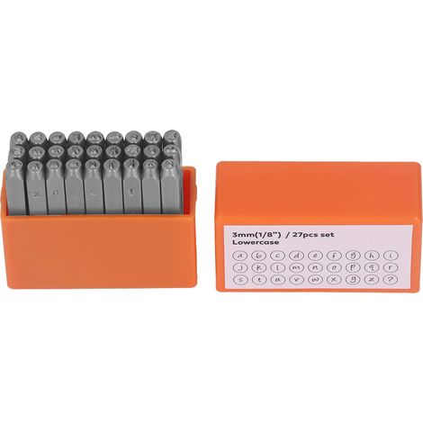 Ensemble de 27 poinçons en acier à haute teneur en carbone orange avec perforations pour lettres minuscules, adaptés à la joaillerie et au cuir, comprenant une boîte de rangement. (1/5)