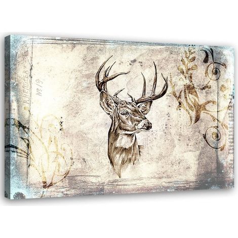 Tableau sur toile Cerf Animal Vintage Beige 60x40 (1/5)