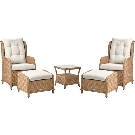 Salon de Jardin en Faux Rotin 2 Places avec Fauteuils Tabourets et Table Marron Ponza (1/5)