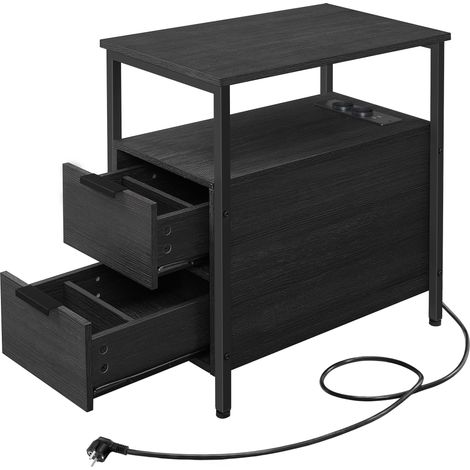 Table d’Appoint avec Multiprise, Petite et Fine avec 2 Tiroirs, Table de Chevet avec Rangement, pour Salon, Chambre, Gris Anthracite et Noir d'encre LET325B22 (1/5)
