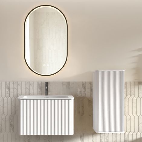 Mueble de baño con lavabo, mueble suspendido 60 cm, espejo LED, blanco HAVRYA (1/5)