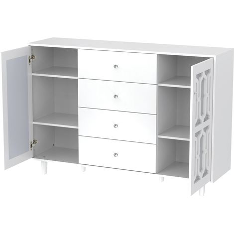 Credenza bianca a specchio con maniglie in vetro cristallino 147,5 x 40 x 102 cm (1/5)