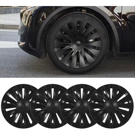 (T04) (Vidéo disponible) 4 enjoliveurs de roue noirs mats à 14 rayons, style plat et à bords droits, pour jantes 19 pouces Tesla Model Y 2020-2023 (4e génération, modèle à bords droits) (Surdimensionn (1/5)