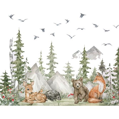 Decal Mur - Arbre Forêt - Montagne Animaux Bois - Autoadhésif Décor Chambre Enfant - 4 Feuilles 30 x 90 cm (1/5)