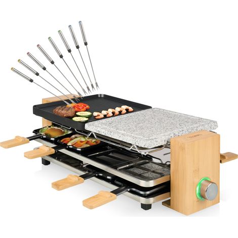Bambus Raclette 8 Pers. Ablage für Pfännchen, Steinpatte, 2 x 21x23cm 1300Watt (1/5)