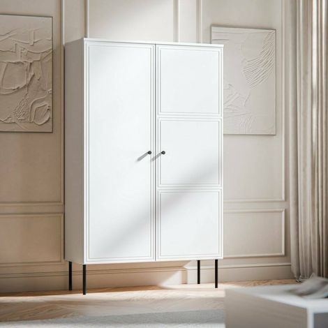 Mueble multiusos Sedilo de 2 puertas, mueble multifuncional con 6 estantes interiores, acabado liso con diseños geométricos, 100x39 h166 cm, color blanco (1/4)