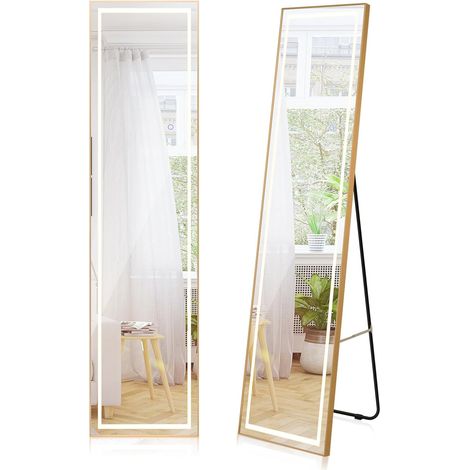 COSTWAY Miroir sur Pied Rectangulaire avec LED, Grand Miroir Mural 37x155 CM, Miroir Pleine Longueur avec Cadre en Aluminium, Éclairage 3 Couleurs et Intensité Variable, Doré(Rectangulaire) (1/5)