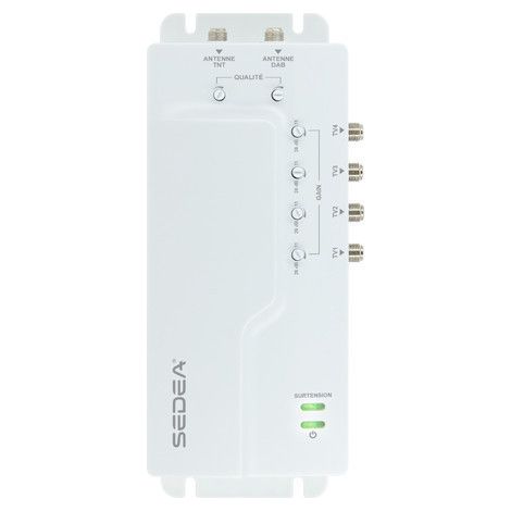 Amplificateur TV intérieur 26 dB réglable – 2 entrées coaxiales – 4 sorties pour 4 téléviseurs – Filtre 5G intégré – Sedea